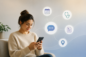 Patient using digital GP services on a smartphone, representing growing digital access in primary care.