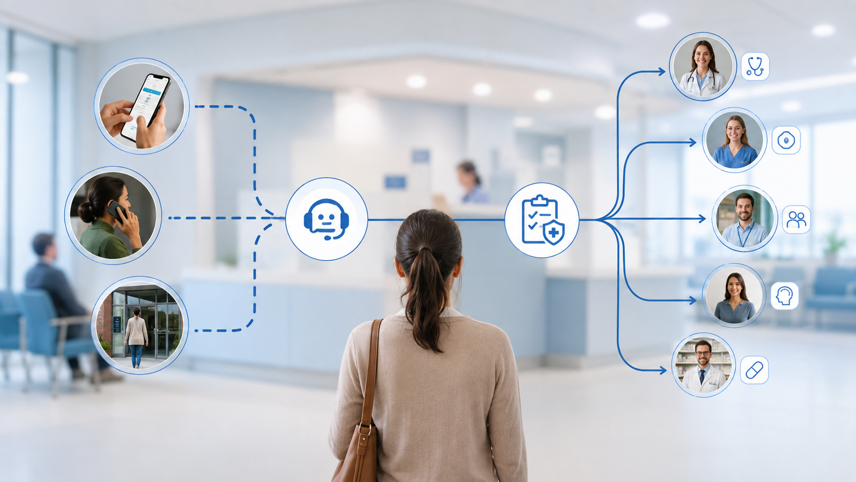 Patient navigating multiple digital access routes to reach the right healthcare service in a GP practice.