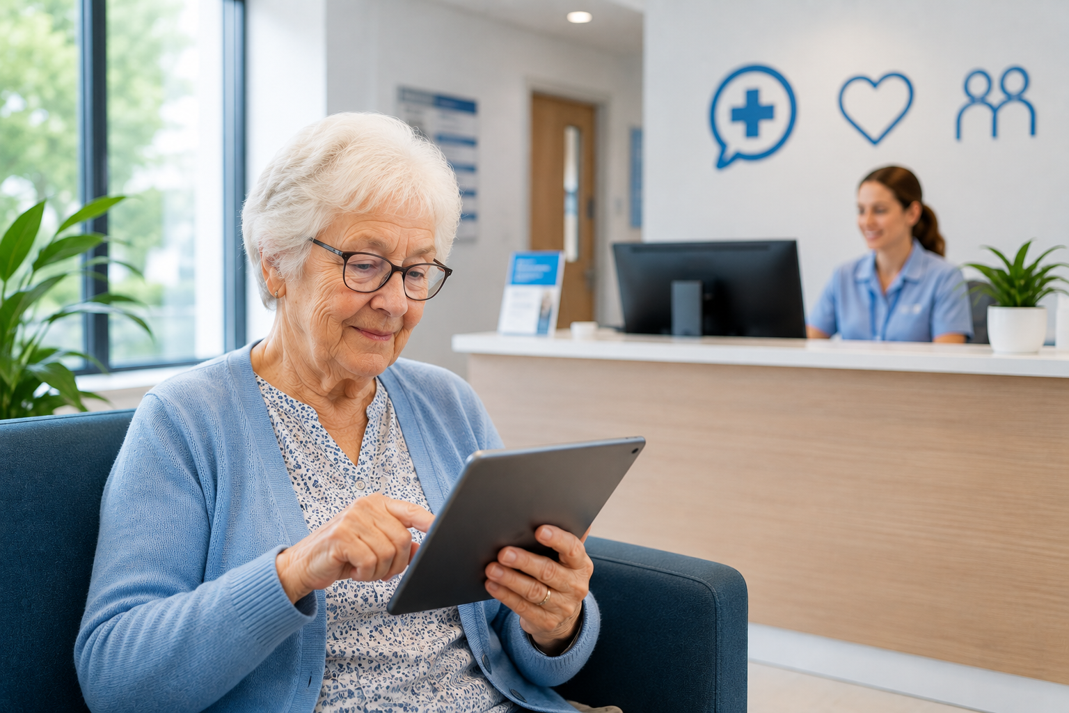 Older patient confidently using digital healthcare services in a GP practice
